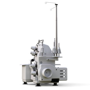 Beyaz arka planda overlock. Dikiş üretimi için ekipman. Dikiş kıyafetleri ve tekstil. 3d illüstrasyon.