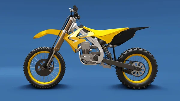 Yellow sport bike for cross-country on a blue background. Racing Sportbike. Modern Supercross Motocross Dirt Bike. 3D Rendering.