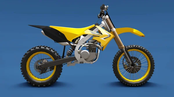 Yellow sport bike for cross-country on a blue background. Racing Sportbike. Modern Supercross Motocross Dirt Bike. 3D Rendering.