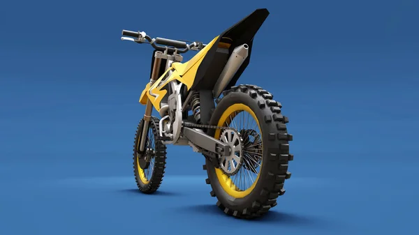 Yellow sport bike for cross-country on a blue background. Racing Sportbike. Modern Supercross Motocross Dirt Bike. 3D Rendering.