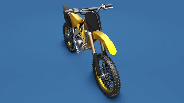 Gul sportcykel för Cross-Country på en blå bakgrund. Racing Sportbike. Modern supercross motocross Dirt Bike. 3D-rendering. — Stockfoto