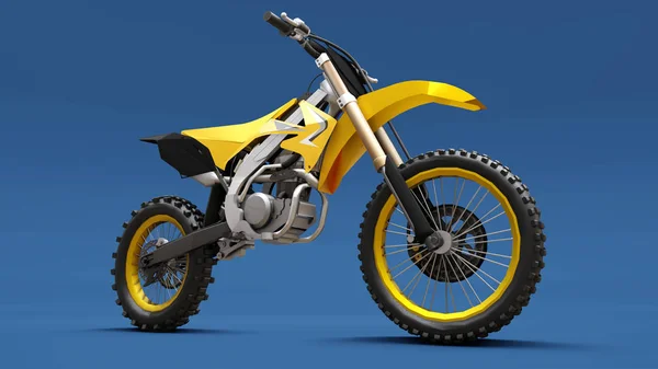 Yellow sport bike for cross-country on a blue background. Racing Sportbike. Modern Supercross Motocross Dirt Bike. 3D Rendering.