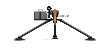 Beyaz arka planda tam kaset mühimmat ile bir tripod üzerinde büyük makineli tüfek. 3d ilustration.