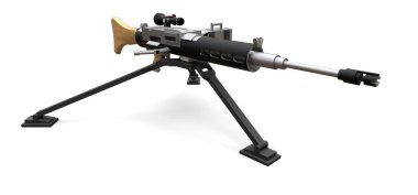 Beyaz arka planda tam kaset mühimmat ile bir tripod üzerinde büyük makineli tüfek. 3d ilustration.