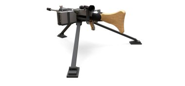 Beyaz arka planda tam kaset mühimmat ile bir tripod üzerinde büyük makineli tüfek. 3d ilustration.