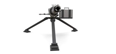 Beyaz arka planda tam kaset mühimmat ile bir tripod üzerinde büyük makineli tüfek. 3d ilustration.