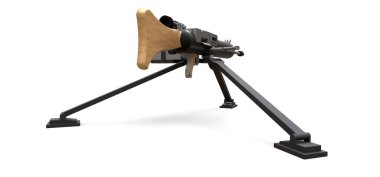Beyaz arka planda tam kaset mühimmat ile bir tripod üzerinde büyük makineli tüfek. 3d ilustration.