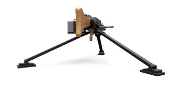 Beyaz arka planda tam kaset mühimmat ile bir tripod üzerinde büyük makineli tüfek. 3d ilustration.