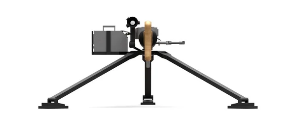 Stor kulspruta på ett stativ med en full kassett ammunition på en vit bakgrund. 3D ilustration. — Stockfoto