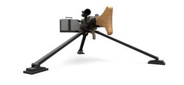 Beyaz arka planda tam kaset mühimmat ile bir tripod üzerinde büyük makineli tüfek. 3d ilustration.