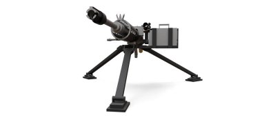 Beyaz arka planda tam kaset mühimmat ile bir tripod üzerinde büyük makineli tüfek. 3d ilustration.