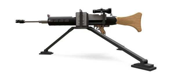 白い背景にフルカセット弾薬を持つ三脚に大型機関銃。3d イラストレーション. — ストック写真