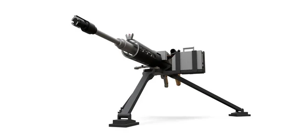 白い背景にフルカセット弾薬を持つ三脚に大型機関銃。3d イラストレーション. — ストック写真