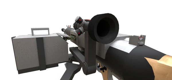 Grande metralhadora em um tripé com uma munição cassete completa em um fundo branco. ilustração 3d . — Fotografia de Stock