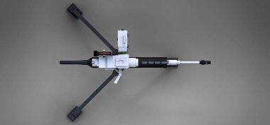 Gri bir arka plan üzerinde tam bir kaset mühimmat ile bir tripod üzerinde büyük makineli tüfek. 3d ilustration.
