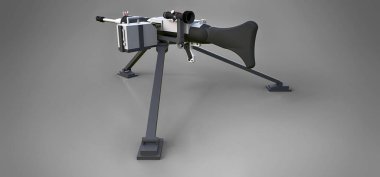 Gri bir arka plan üzerinde tam bir kaset mühimmat ile bir tripod üzerinde büyük makineli tüfek. 3d ilustration.
