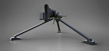 Gri bir arka plan üzerinde tam bir kaset mühimmat ile bir tripod üzerinde büyük makineli tüfek. 3d ilustration.