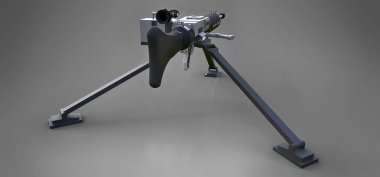 Gri bir arka plan üzerinde tam bir kaset mühimmat ile bir tripod üzerinde büyük makineli tüfek. 3d ilustration.