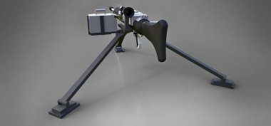 Gri bir arka plan üzerinde tam bir kaset mühimmat ile bir tripod üzerinde büyük makineli tüfek. 3d ilustration.