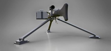 Gri bir arka plan üzerinde tam bir kaset mühimmat ile bir tripod üzerinde büyük makineli tüfek. 3d ilustration.