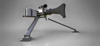 Gri bir arka plan üzerinde tam bir kaset mühimmat ile bir tripod üzerinde büyük makineli tüfek. 3d ilustration.