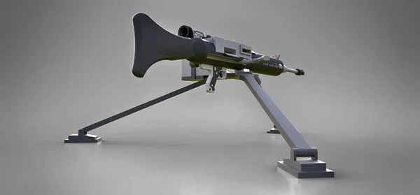 Stor kulspruta på ett stativ med en full kassett ammunition på en grå bakgrund. 3D ilustration. — Stockfoto