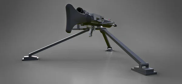 Grote machinegeweer op een statief met een volledige cassette munitie op een grijze achtergrond. 3D ilustration. — Stockfoto