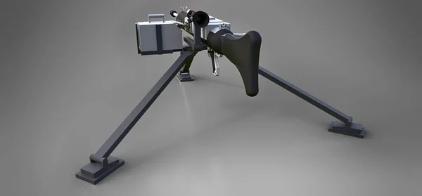 Stor kulspruta på ett stativ med en full kassett ammunition på en grå bakgrund. 3D ilustration. — Stockfoto
