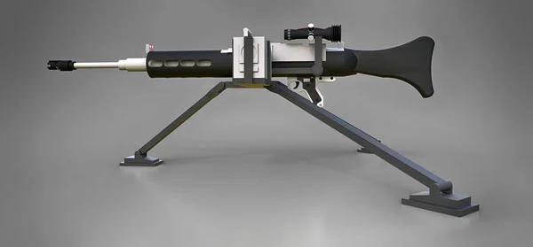 Большой пулемет на штативе с полными кассетными боеприпасами на сером фоне. Трехмерная иллюстрация . — стоковое фото