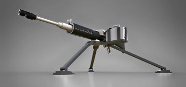 Gri bir arka plan üzerinde tam bir kaset mühimmat ile bir tripod üzerinde büyük makineli tüfek. 3d ilustration.