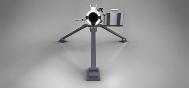 Gri bir arka plan üzerinde tam bir kaset mühimmat ile bir tripod üzerinde büyük makineli tüfek. 3d ilustration.