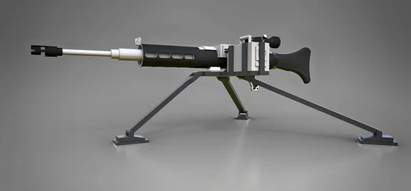 Grote machinegeweer op een statief met een volledige cassette munitie op een grijze achtergrond. 3D ilustration. — Stockfoto