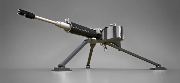 灰色の背景にフルカセット弾薬を持つ三脚に大型機関銃。3d イラストレーション. — ストック写真