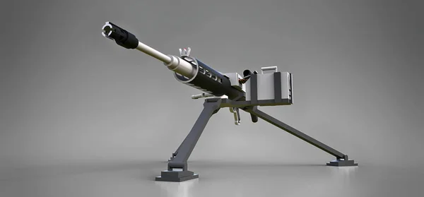 Gran ametralladora en un trípode con una munición de casete completo sobre un fondo gris. 3d ilustración . — Foto de Stock