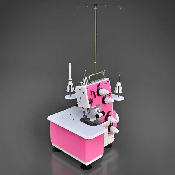 Pink overlock on a grey background. Equipment for sewing production. Sewing clothes and textiles. 3d illustration. — Stock Photo, Image