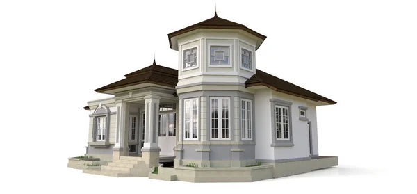 Παλιό σπίτι σε βικτοριανό στιλ. Εικονογράφηση σε άσπρο φόντο. Είδη από διάφορες πλευρές. 3D rendering. — Φωτογραφία Αρχείου