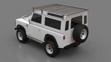 Beyaz eski küçük Suv zor yollar ve seferler için ayarlanmış. 3d render.