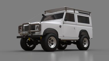 Beyaz eski küçük Suv zor yollar ve seferler için ayarlanmış. 3d render.