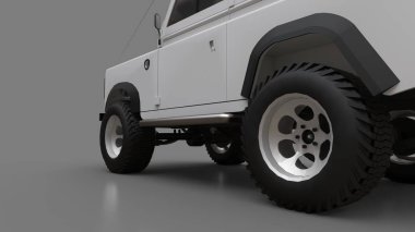 Beyaz eski küçük Suv zor yollar ve seferler için ayarlanmış. 3d render.