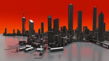 Modern şehrin üç boyutlu manzarası var. Metropolün büyük yerleşim yeri. 3B görüntüleme.