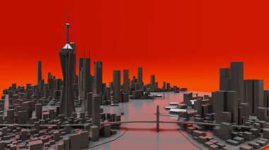 Modern şehrin üç boyutlu manzarası var. Metropolün büyük yerleşim yeri. 3B görüntüleme.