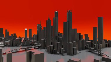 Modern şehrin üç boyutlu manzarası var. Metropolün büyük yerleşim yeri. 3B görüntüleme.