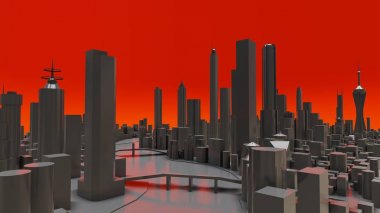 Modern şehrin üç boyutlu manzarası var. Metropolün büyük yerleşim yeri. 3B görüntüleme.