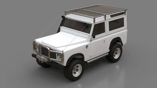 Witte oude kleine SUV afgestemd voor moeilijke routes en expedities. 3D-rendering. — Stockfoto