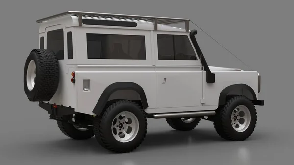 White old small SUV tuned for difficult routes and expeditions. 3d rendering.