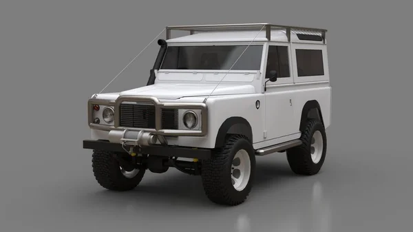 Fehér öreg kis SUV hangolt a nehéz útvonalak és expedíciók. 3D-leképezés. — Stock Fotó