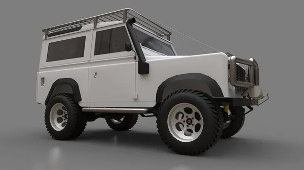 White old small SUV tuned for difficult routes and expeditions. 3d rendering.