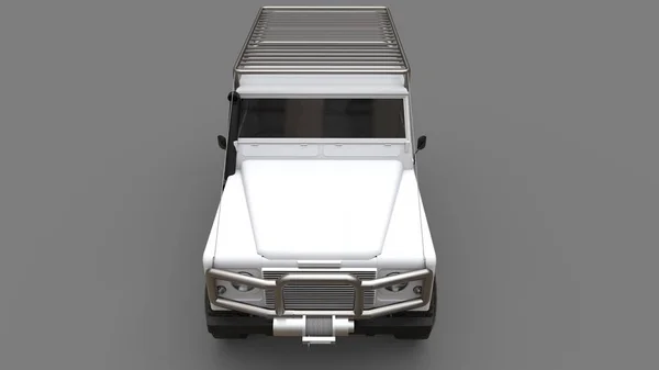 Weißer alter kleiner Geländewagen, abgestimmt auf schwierige Routen und Expeditionen. 3D-Darstellung. — Stockfoto