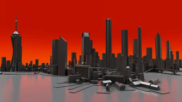 Paisaje tridimensional de la ciudad moderna. El enorme trazado de la metrópolis. Renderizado 3D. — Foto de Stock