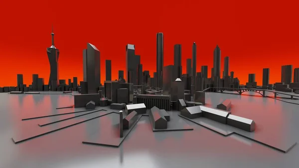 Paisaje tridimensional de la ciudad moderna. El enorme trazado de la metrópolis. Renderizado 3D. — Foto de Stock